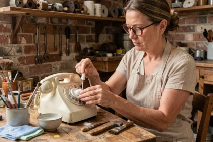 Femme nettoyant soigneusement le cadran d'un téléphone rotatif vintage avec un coton-tige sur un établi en bois