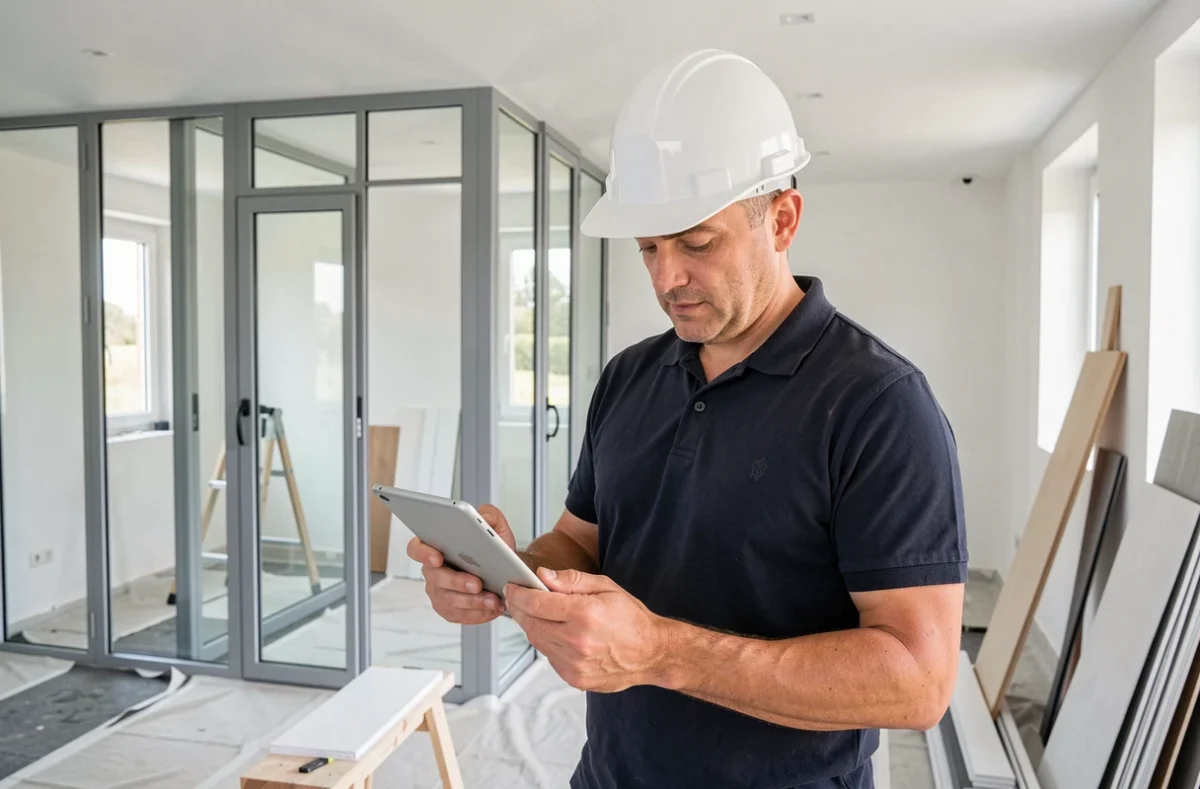 Chef de projet Nexxo consultant des plans de rénovation sur tablette dans un chantier de menuiserie contemporaine dans le Var