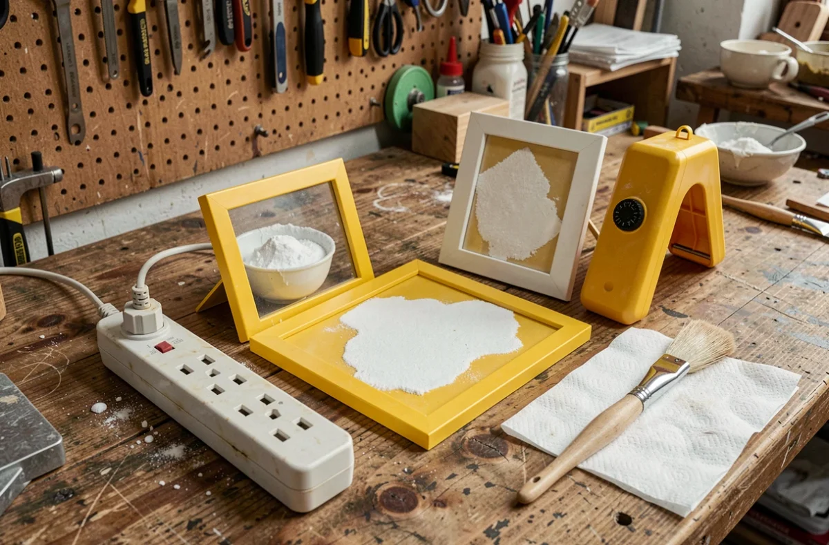Objets en plastique jauni traités au bicarbonate de soude disposés sur un établi en bois avec pâte blanchissante et accessoires