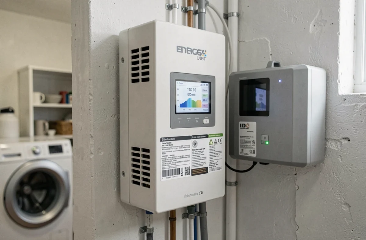 Onduleur solaire et compteur intelligent d'un kit 3 kW installé dans une buanderie résidentielle moderne