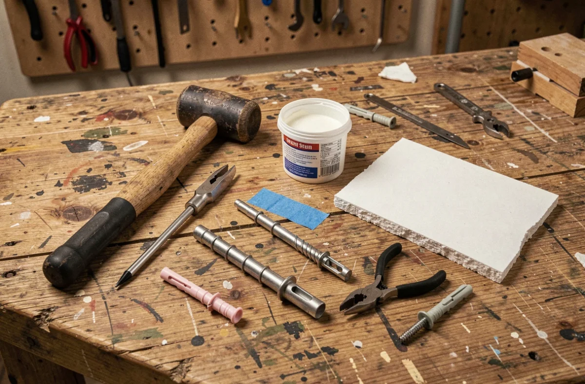 Ensemble d'outils pour dévisser une cheville murale posés sur un établi en bois, incluant tournevis, pinces et enduit de rebouchage