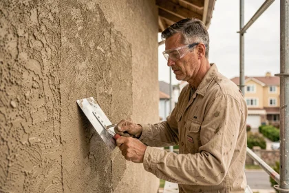 Ouvrier appliquant un enduit crépi gratter sur façade extérieure avec une taloche en acier