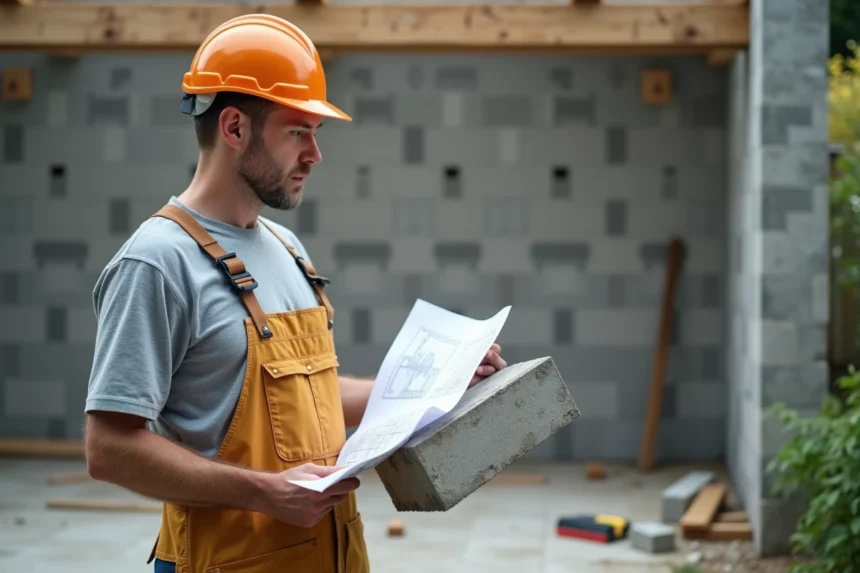 Ouvrier en travaux avec plans devant une muraille en parpaings
