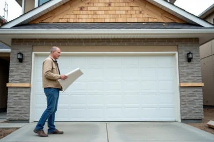 Chef de chantier avec porte de garage blanche neuve