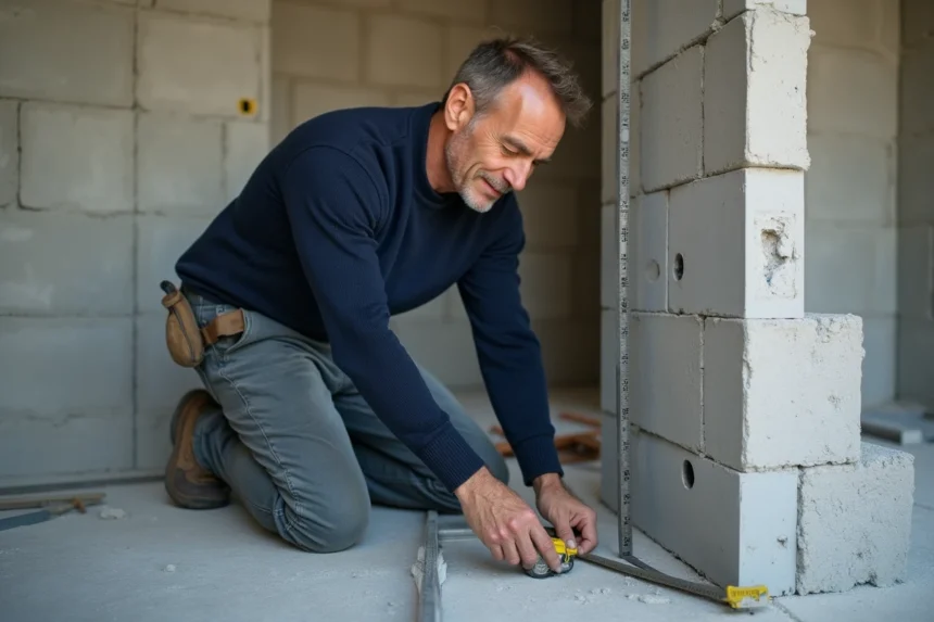 Ouvrier en sweater navy mesurant un mur en béton