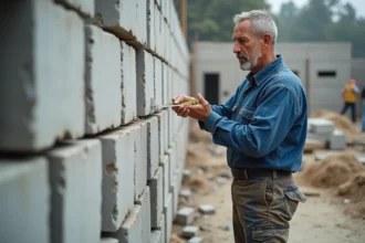 Ouvrier inspectant un mur en parpaings sur un chantier