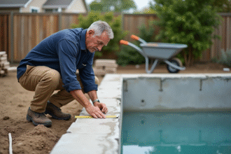Ouvrier mesurant une piscine en béton en chantier