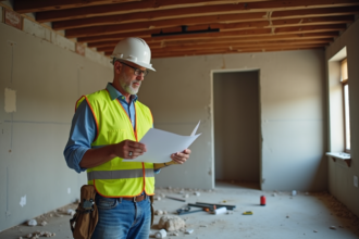 Ouvrier en travaux examinant plans dans une pièce en rénovation