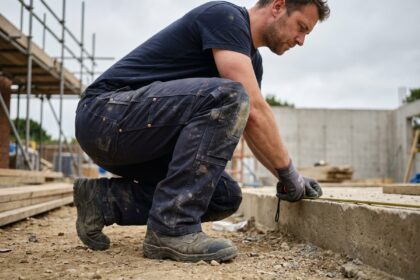 Ouvrier du bâtiment portant un pantalon de chantier renforcé en toile navy, accroupi sur un chantier en béton avec échafaudages en arrière-plan