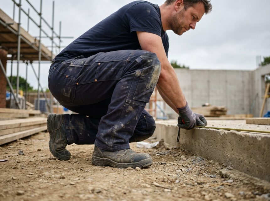 Ouvrier du bâtiment portant un pantalon de chantier renforcé en toile navy, accroupi sur un chantier en béton avec échafaudages en arrière-plan