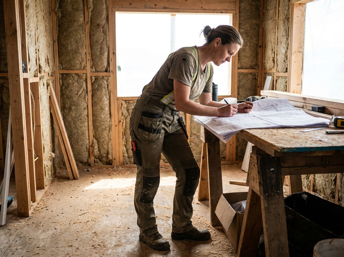 Femme cheffe de chantier en pantalon de travail ripstop kaki consultant des plans dans un bâtiment en construction