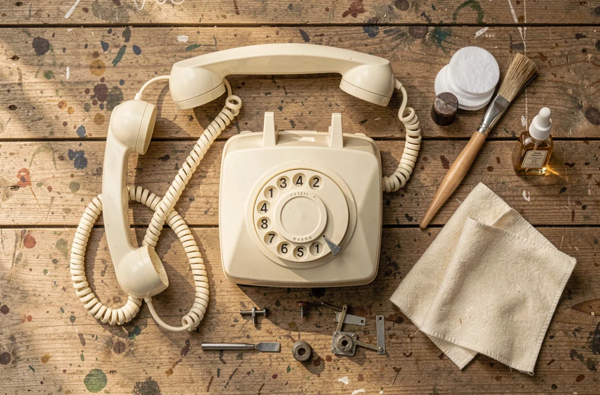 Vue aérienne des pièces démontées d'un téléphone à cadran rotatif crème avec les produits de nettoyage et restauration