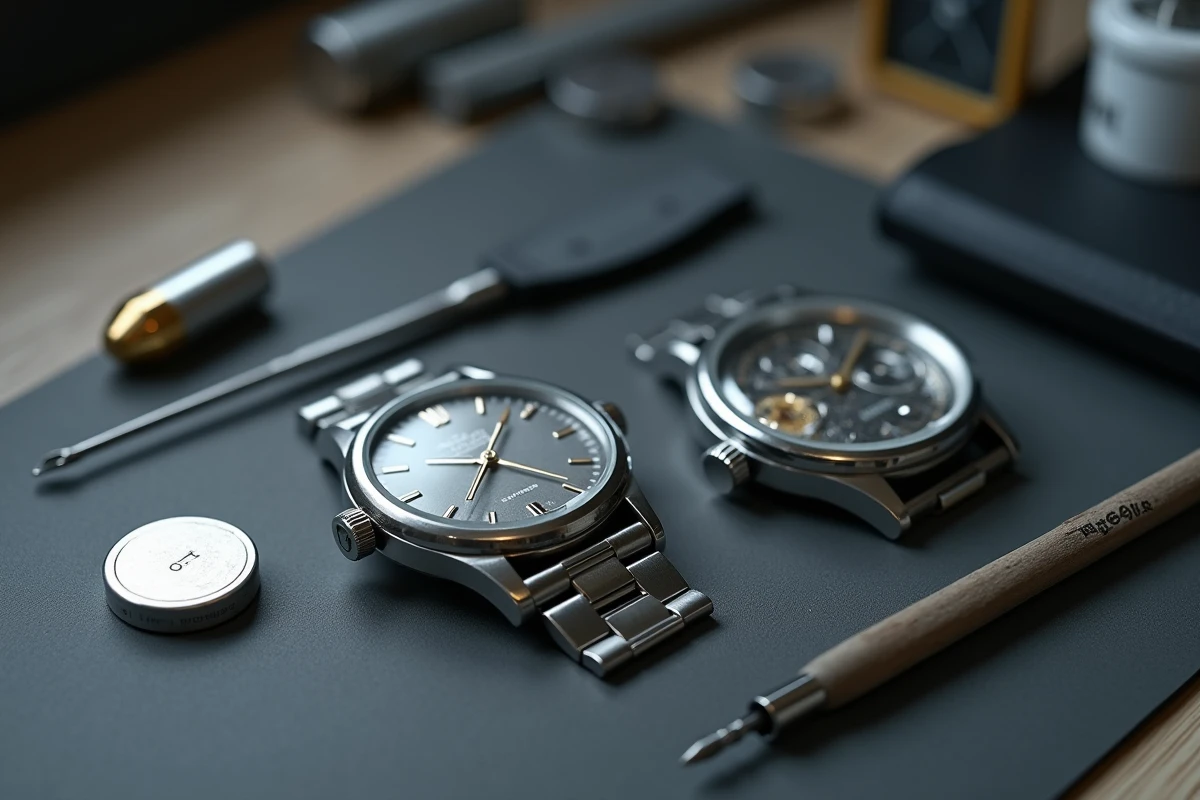 Gros plan d'une montre démontée avec pile bouton et outils inadaptés illustrant les erreurs de remplacement