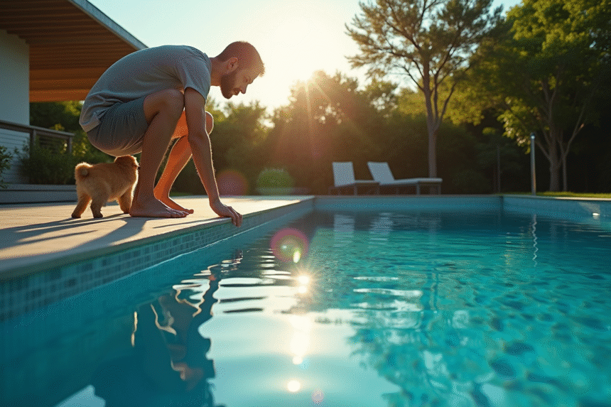 Piscine moderne dans un jardin vert avec adulte inquiet