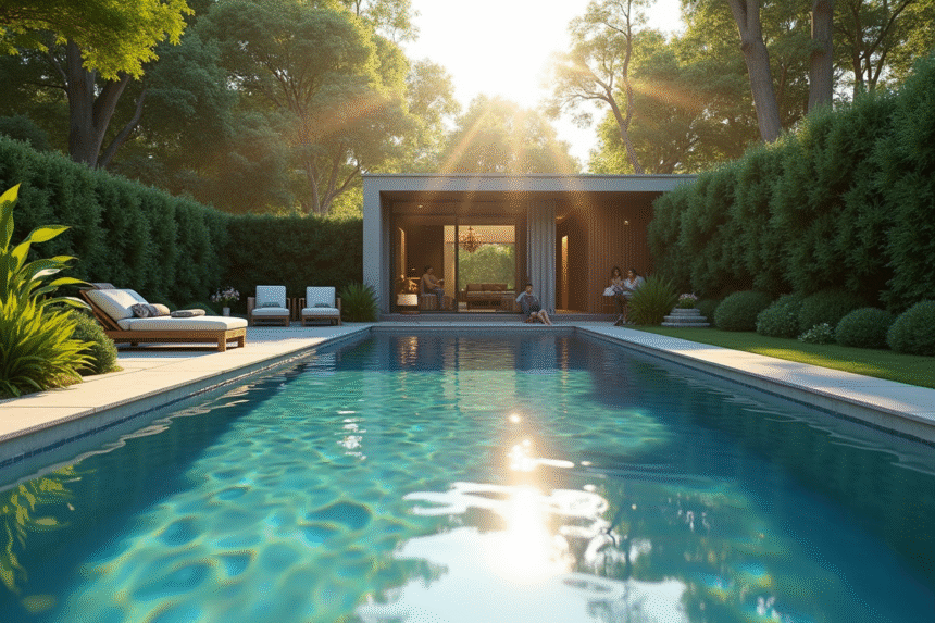Piscine magnesium moderne dans un jardin verdoyant avec famille