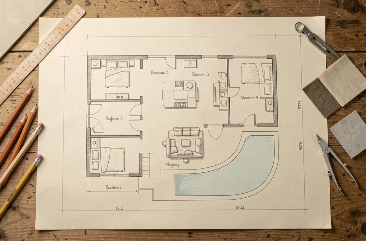Plan architectural d'une maison en L avec 4 chambres et piscine posé sur une table à dessin de bureau