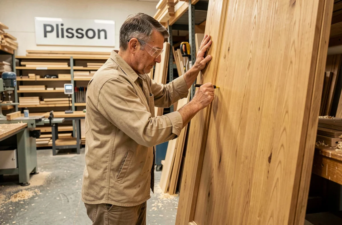 Artisan de Plisson Menuiserie finissant à la main une porte en chêne massif dans son atelier du Var