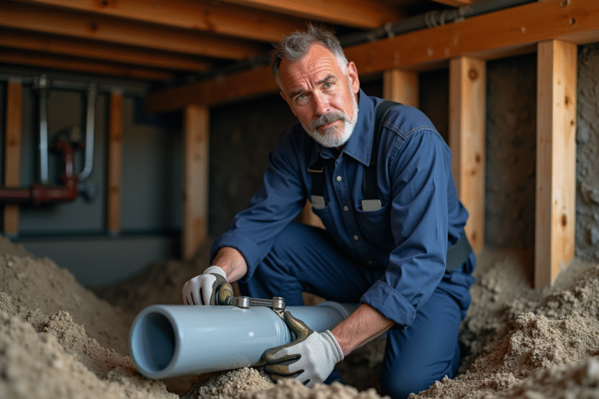 Plombier homme en overalls noir en train de réparer une canalisation