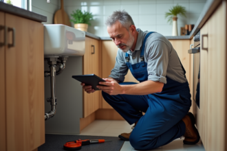 Plombier homme en overalls inspectant un évier moderne