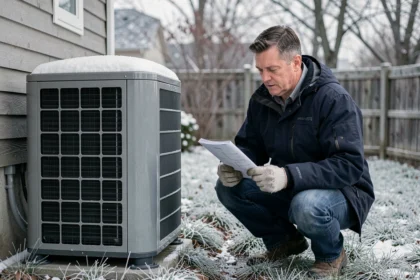 Technicien inspectant une pompe à chaleur extérieure en hiver avec de la neige sur l'appareil