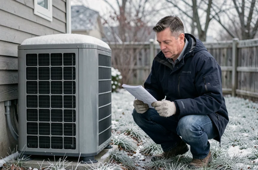 Technicien inspectant une pompe à chaleur extérieure en hiver avec de la neige sur l'appareil