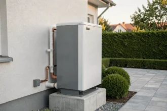Pompe à chaleur Polytropic Inverter installée sur la façade extérieure d'une maison contemporaine avec raccordements cuivre visibles