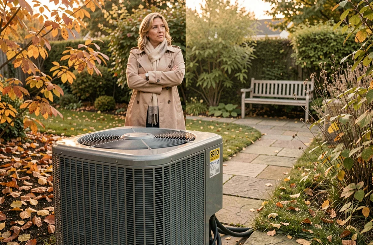 Femme réfléchissant à l'utilisation de sa pompe à chaleur lors de la transition saisonnière automne-été