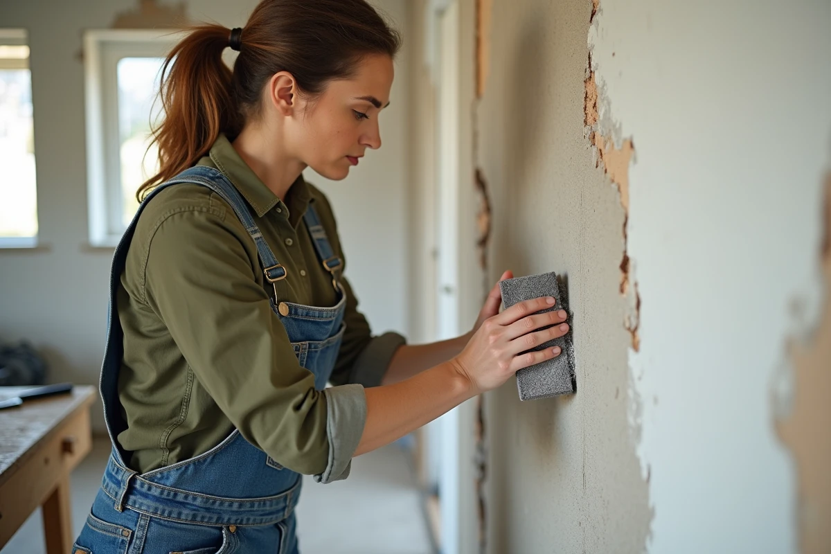 Femme ponçant une surface de mur réparée avec un bloc abrasif lors d'une rénovation intérieure