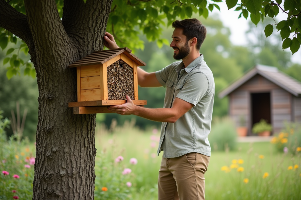 Jeune homme installant un hotel à abeilles dans un jardin