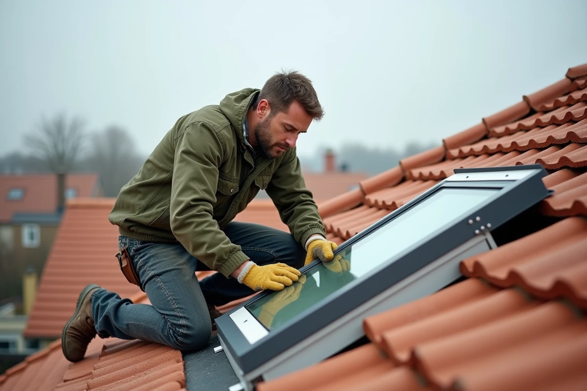 Installateur posant une fenêtre de toit VELUX sur une toiture en tuiles lors d'une rénovation résidentielle