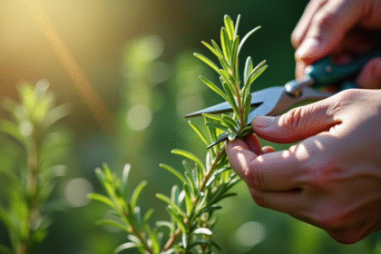 Mains manipulant une branche de romarin sain pour propagation