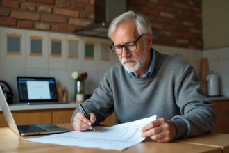 Propriétaire examinant un devis de rénovation imprimé depuis Tousrenov.be à sa table de cuisine avec des notes manuscrites
