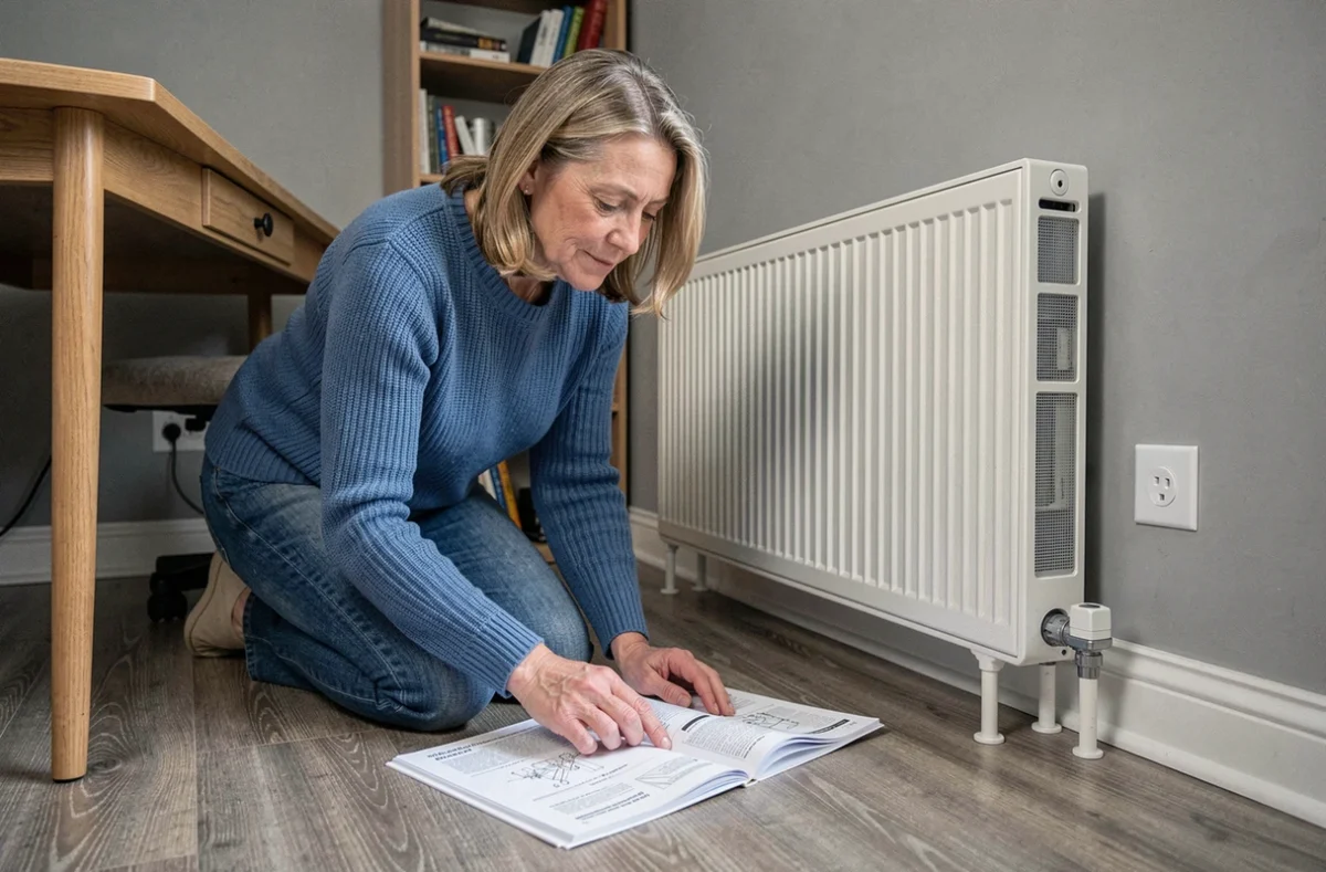 Femme propriétaire consultant le manuel d'installation d'un radiateur électrique à plinthe dans un bureau à domicile