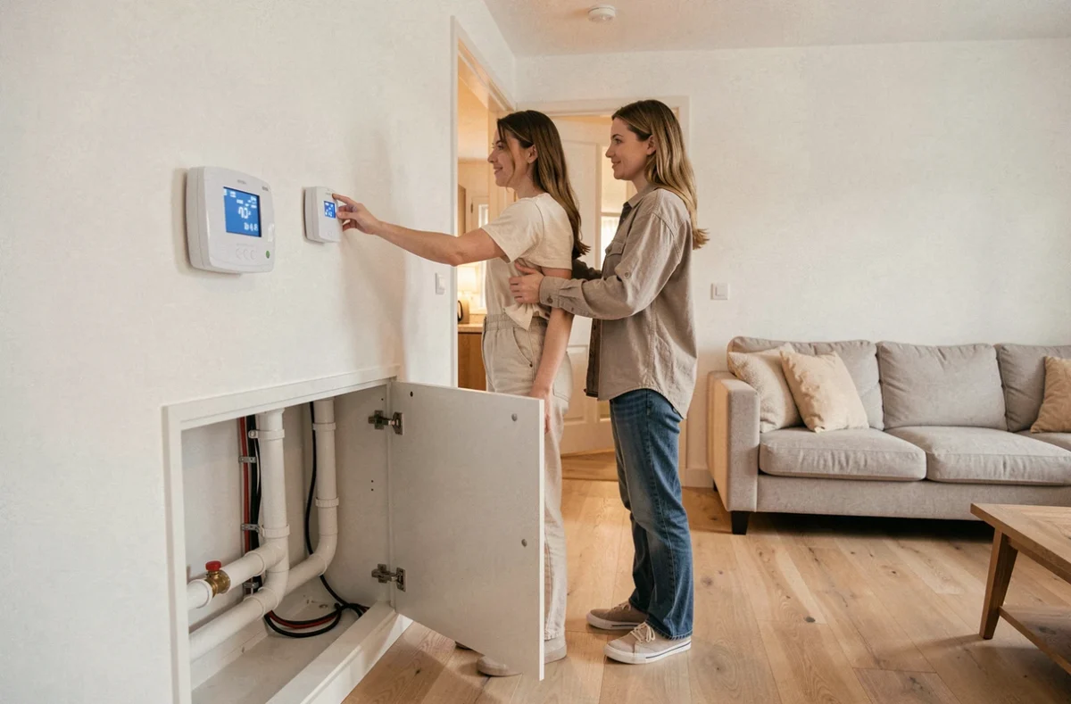 Femme réglant le thermostat connecté d'une pompe à chaleur air-eau dans un salon moderne et confortable