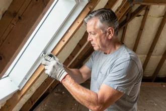 Homme appuyant sur le bouton de réinitialisation d'une fenêtre Velux dans un grenier en bois
