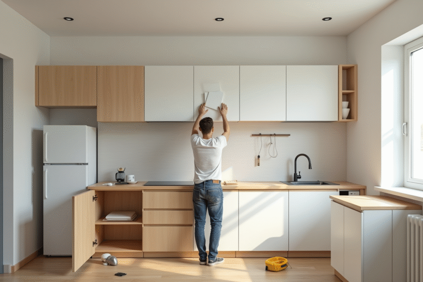 Personne changeant portes de cuisine modernes lumineuses