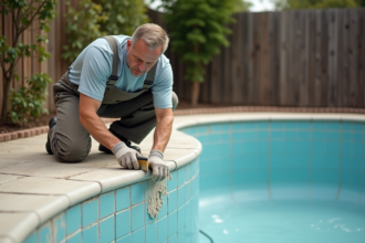 Ouvrier en overalls réparant une piscine vide