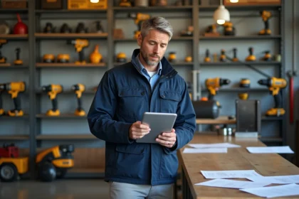 Homme consultant une tablette pour réserver des outils en ligne dans une agence de location de matériel de bricolage