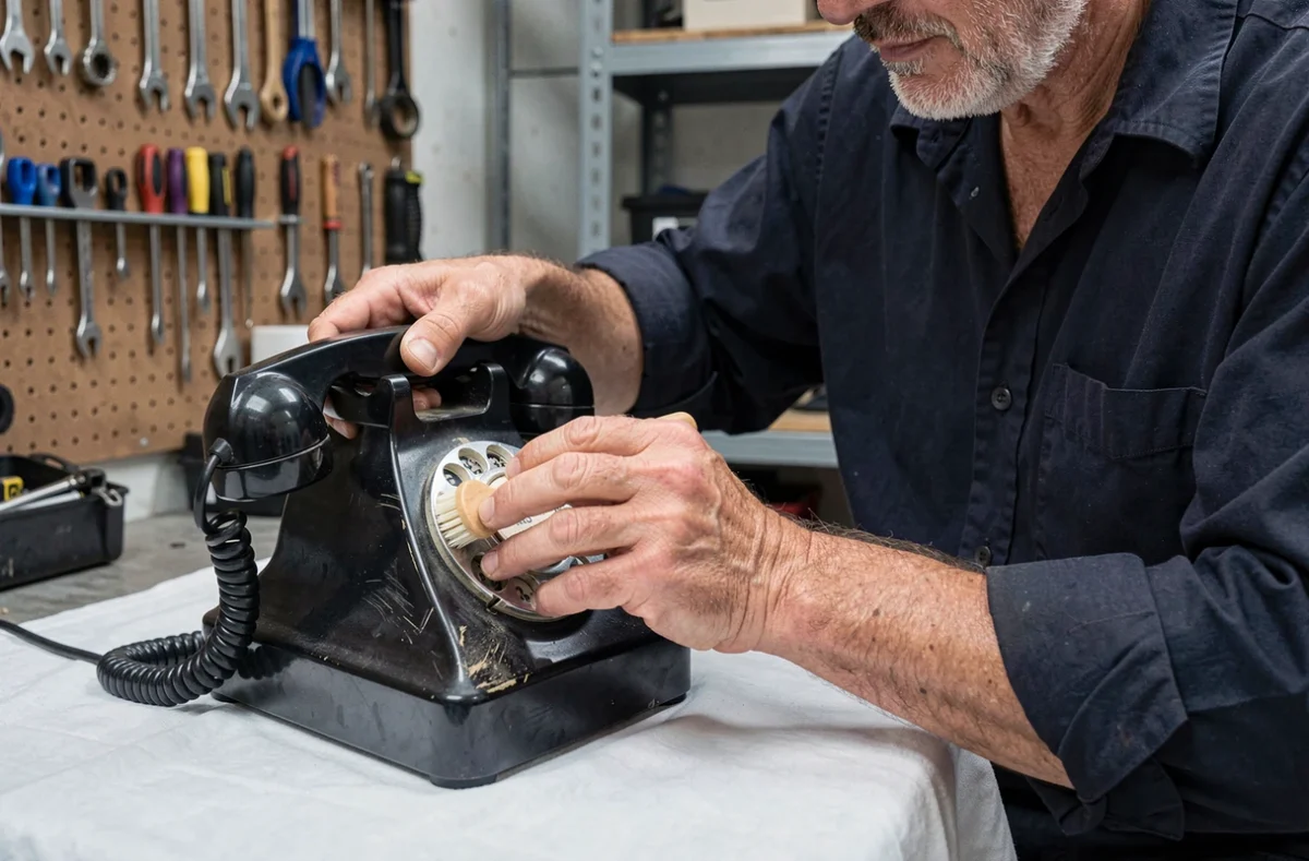 Homme restaurant le cadran chromé d'un téléphone en bakélite noir avec une brosse douce dans un atelier de garage