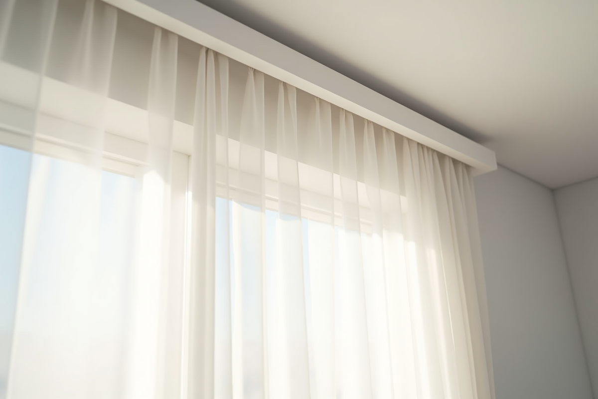 Zoom sur un rail de plafond blanc avec rideaux légers
