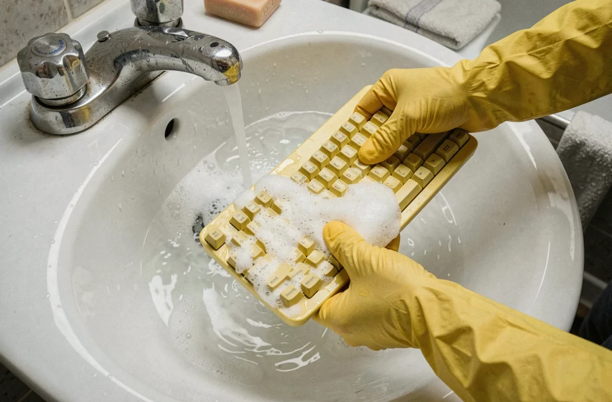 Rinçage d'une coque plastique jaunie traitée au bicarbonate sous un robinet avec des gants en latex jaunes