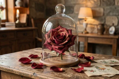 Rose enchantée sous cloche en verre style La Belle et la Bête posée sur une table en bois vintage avec pétales séchés éparpillés