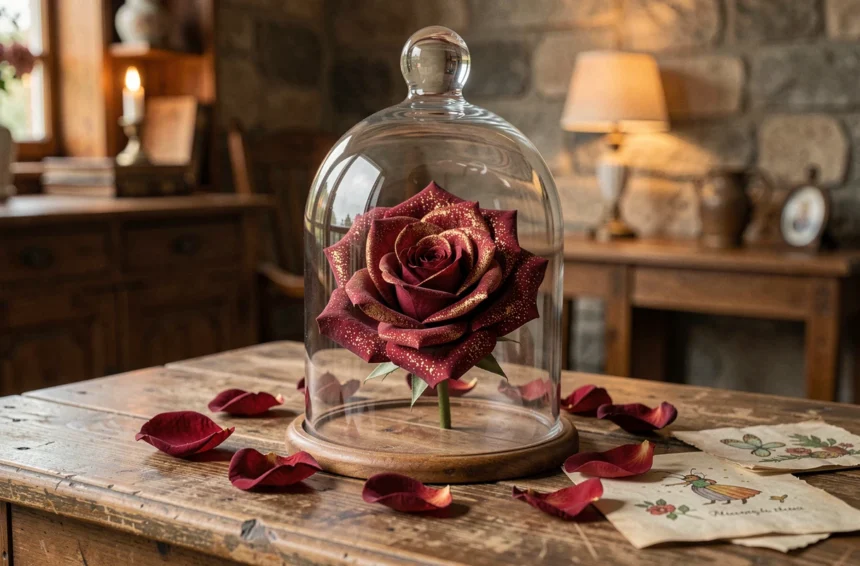 Rose enchantée sous cloche en verre style La Belle et la Bête posée sur une table en bois vintage avec pétales séchés éparpillés