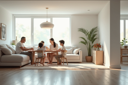 Salle sous-sol lumineuse avec famille jouant à des jeux