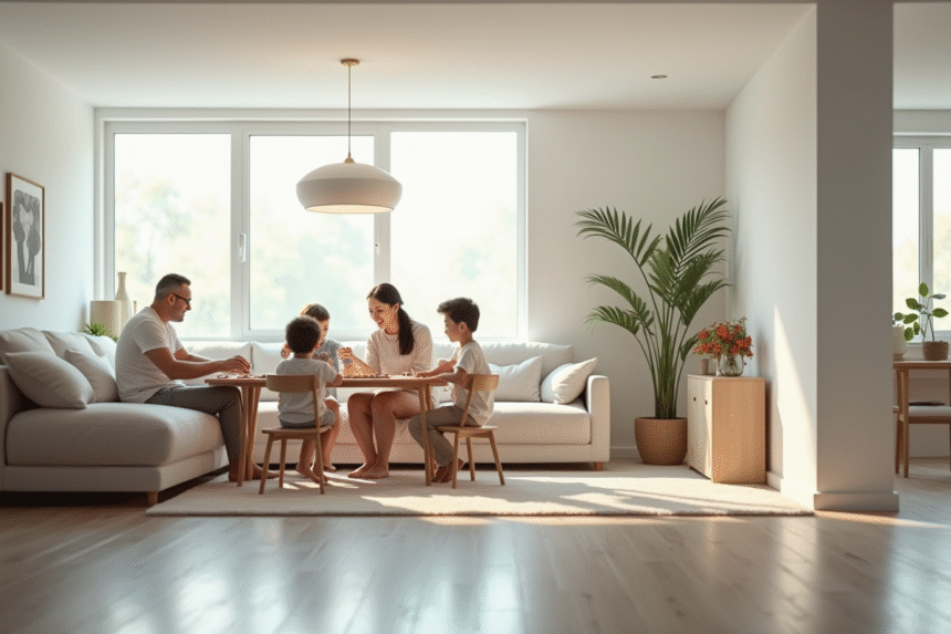 Salle sous-sol lumineuse avec famille jouant à des jeux