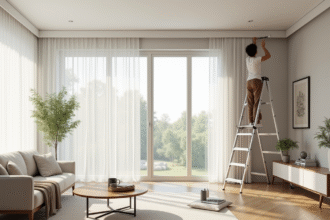 Salon moderne avec rail de plafond en cours d'installation