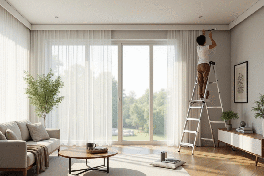 Salon moderne avec rail de plafond en cours d'installation