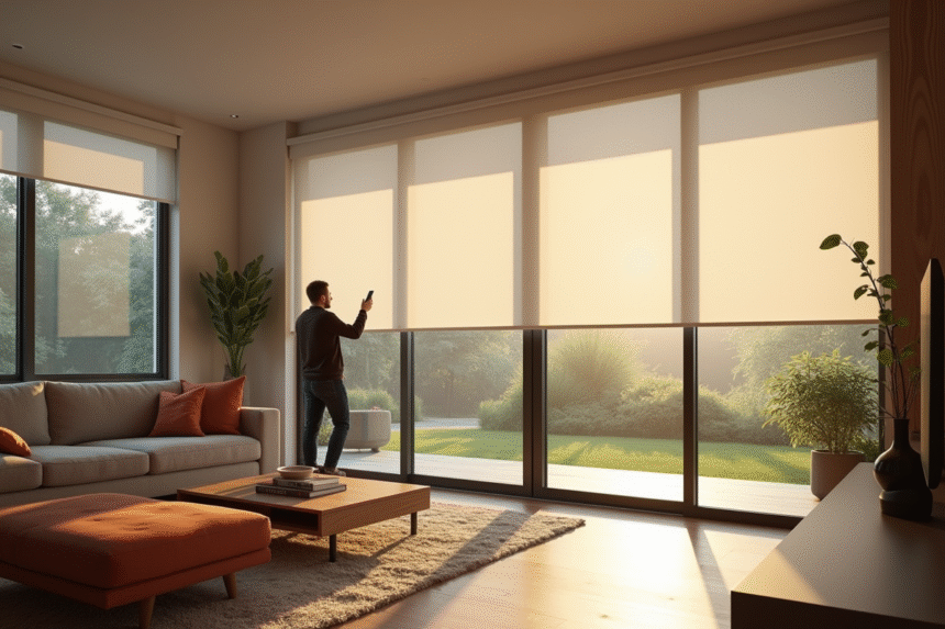 Salon moderne avec contrôle de volets roulants intelligents