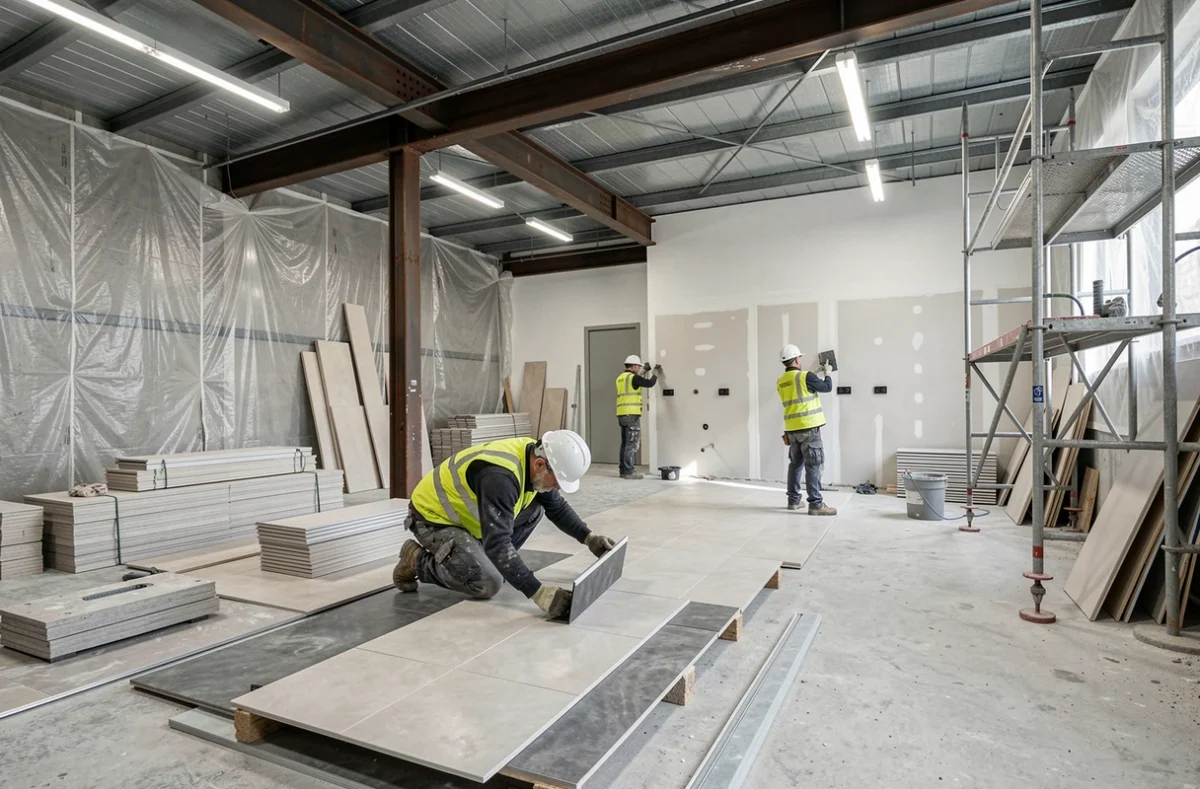 Équipe de l'entreprise SCAB Bâtiment réalisant des travaux tous corps d'état dans un bâtiment à Reims, Marne