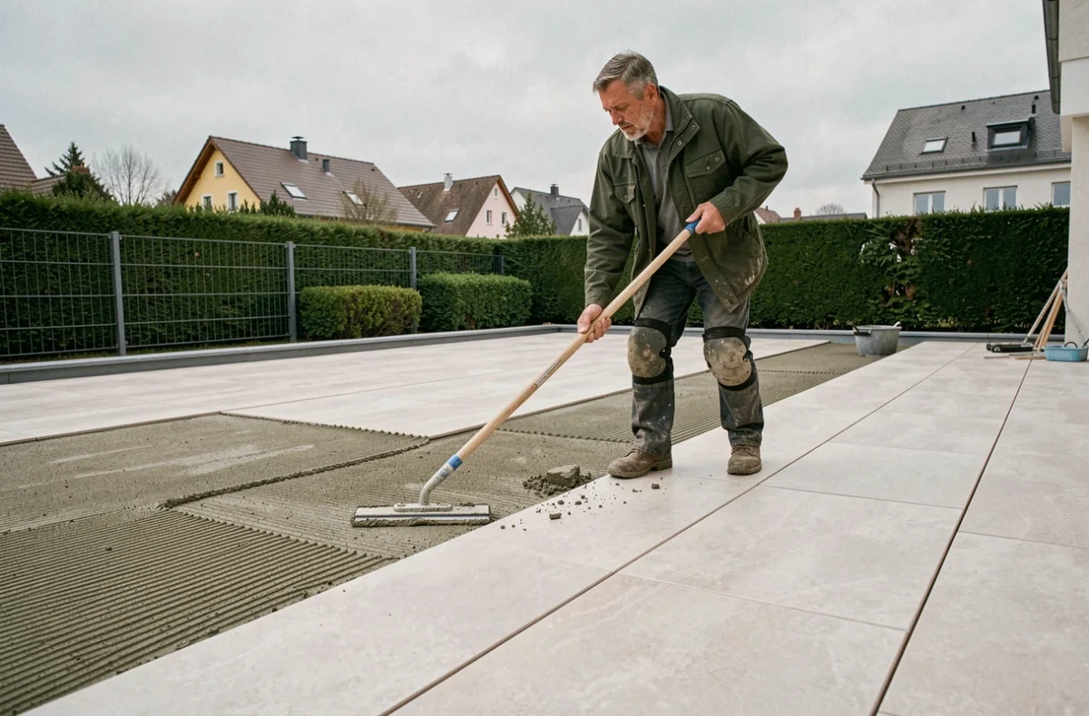 Carreleur Schielin SAS étalant le mortier-colle sur une terrasse à Riedisheim, Haut-Rhin